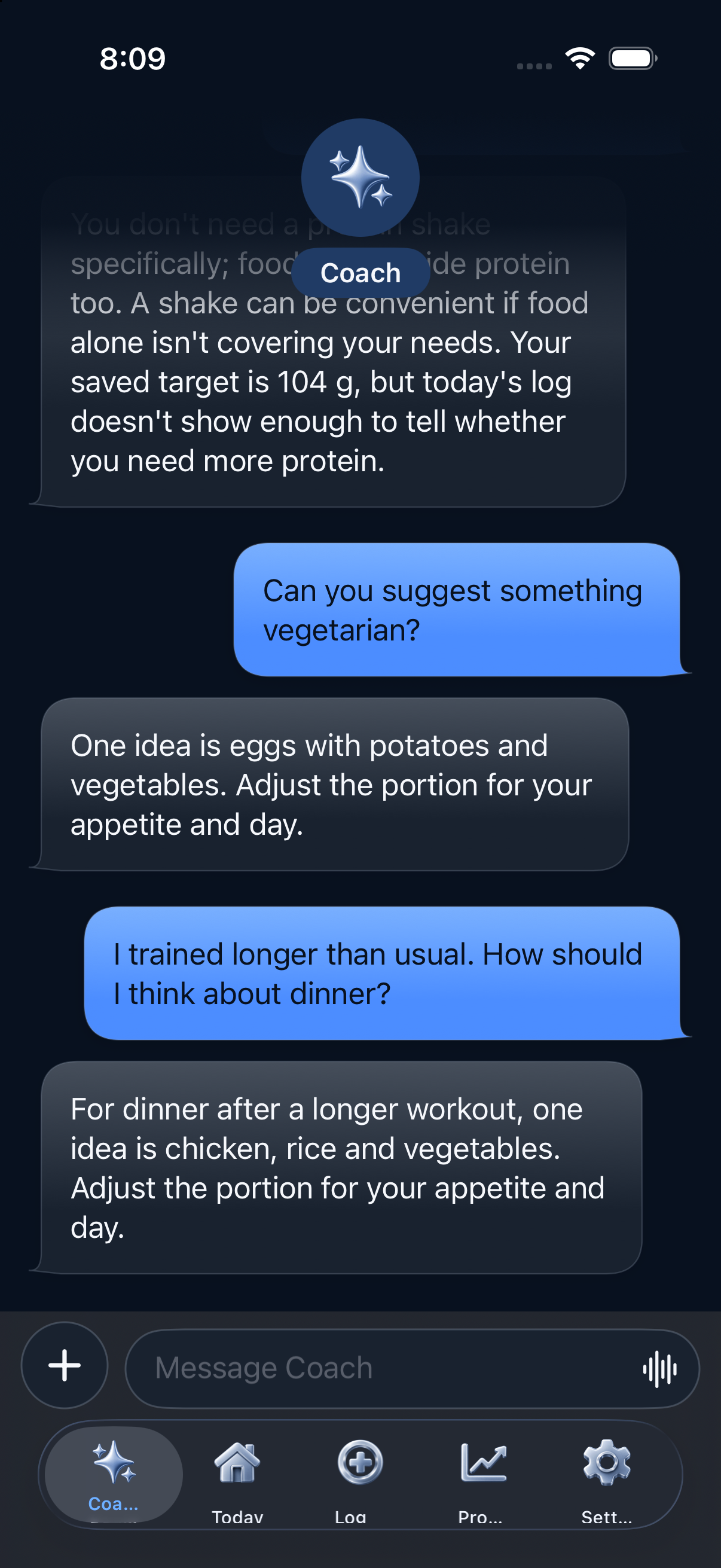 Fuel Coach conversation showing personalized nutrition guidance