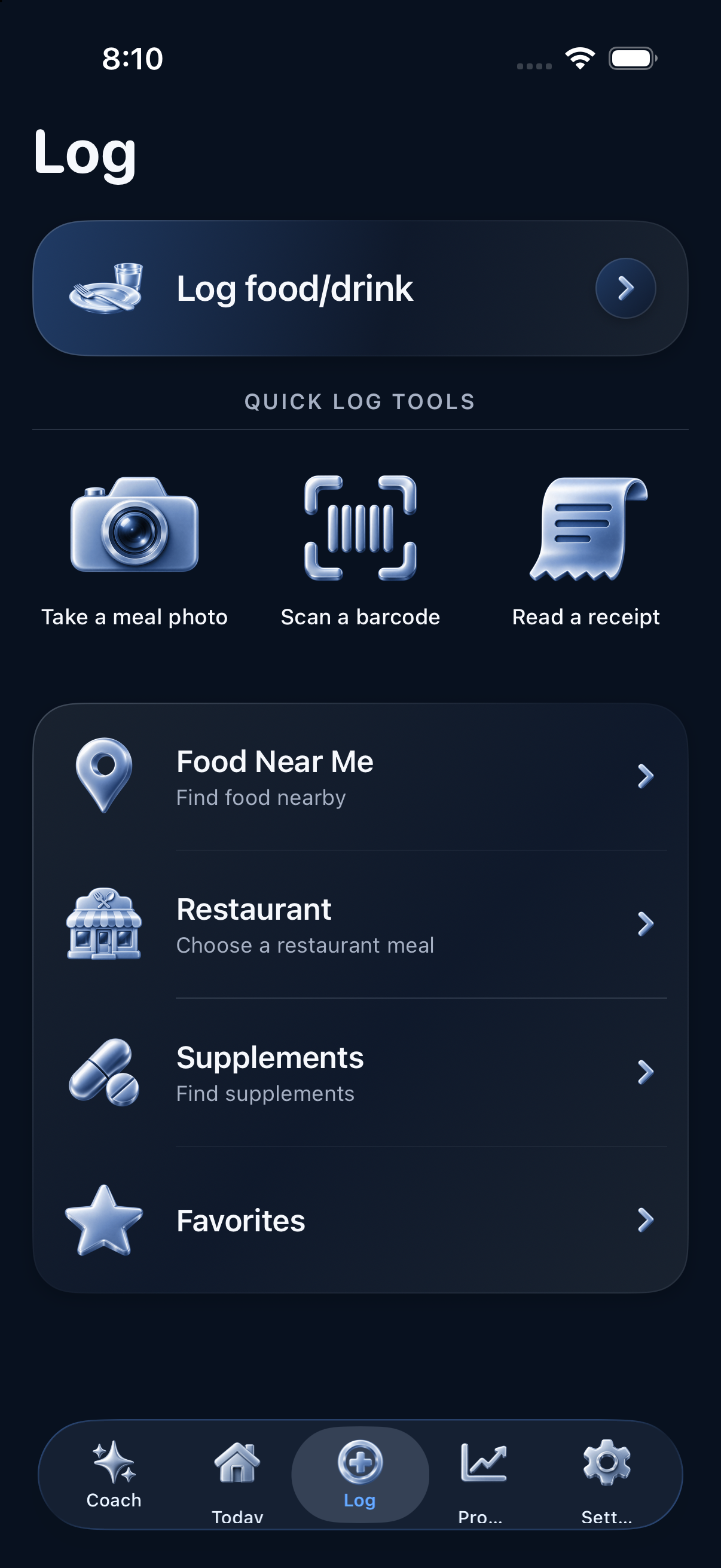 Fuel Tools screen with food, scanning, receipt, restaurant, and nearby options