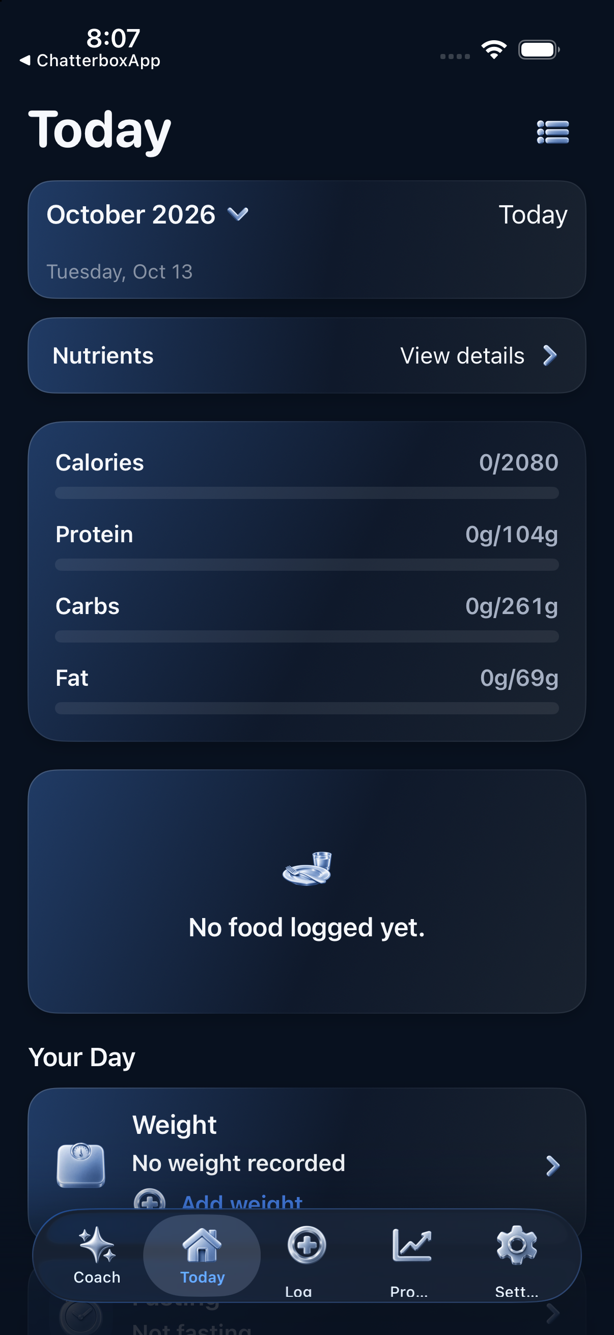 Fuel Today dashboard with representative daily nutrition activity